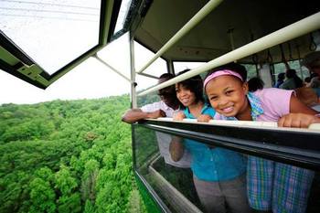 Family on tram near Bear Camp Cabins.
