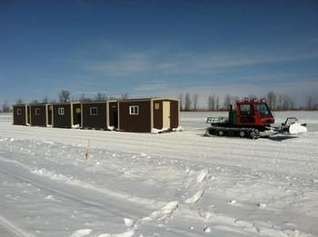 Ice fishing houses at Cyrus Resort.